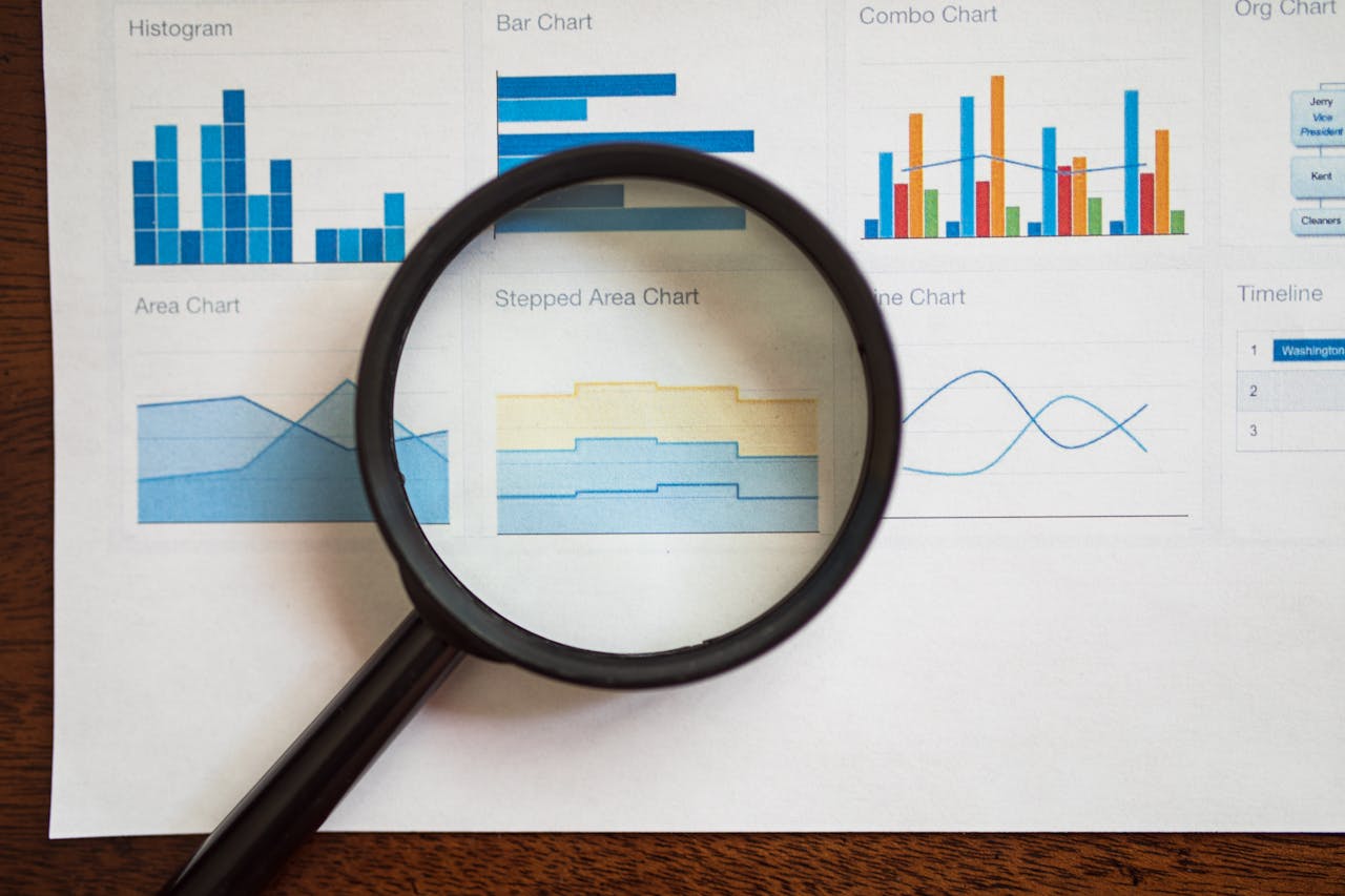 about-us A magnifying glass focuses on various business charts and graphs on paper.